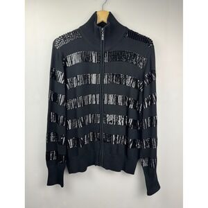 BOSTON PROPER Black Sequin Striped Zip Front Cardigan‎ Sweater Women's Size L